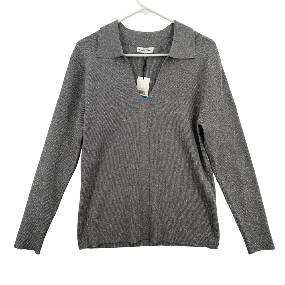 Calvin Klein Sweater Womens Extra Large Gray Metallic Collared V Neck Pullover